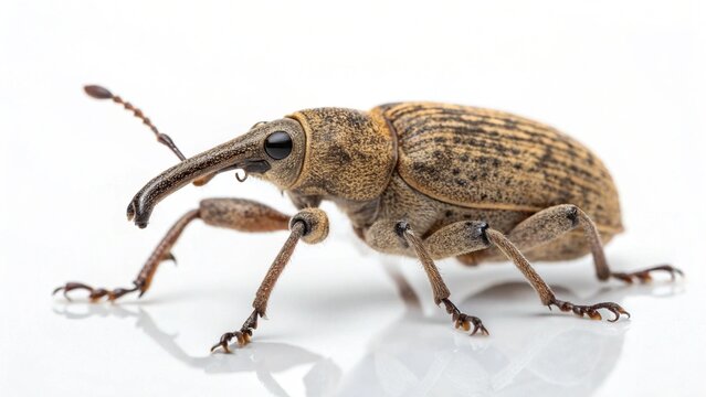 Macro studio portrait of a Nut Weevil (Curculio nucum) with an exceptionally long snout, isolated on white.