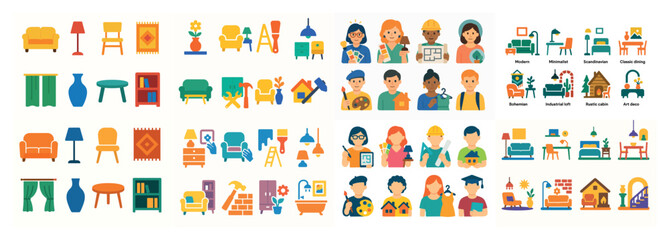 Naklejka premium Colorful icon set of furniture and diverse people