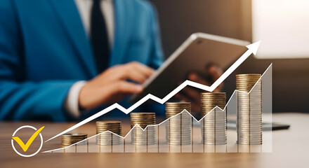 A businessman is analyzing the companys financial growth chart with coins and a tablet on the table