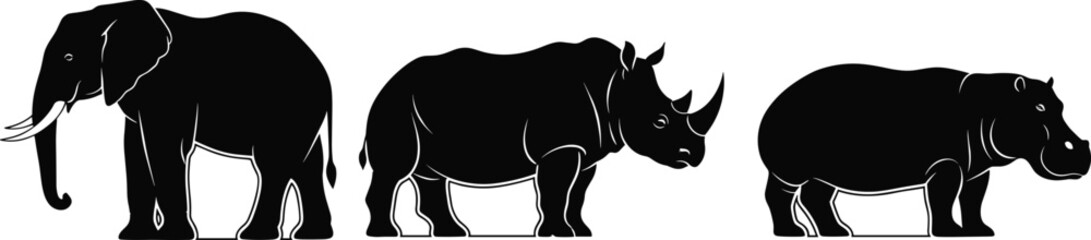 Silhouettes of African Elephant, Rhinoceros, and Hippopotamus in Profile View for Wildlife Education, Nature Conservation, and Animal Comparison