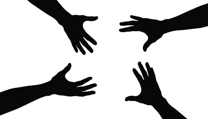 Silhouette vector of four expressive human hands in different directions, abstract gesture concept, communication, diversity, connection, black illustration