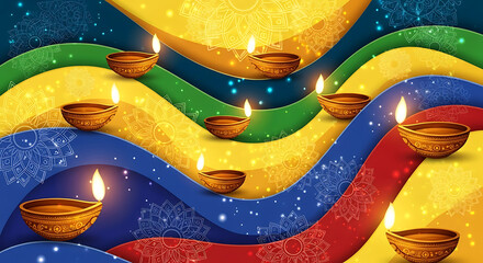 Diwali Celebration with Colorful Diya's, Mandala Patterns, and Festive Waves for Light, Joy, and Culture, 32K Revolution 