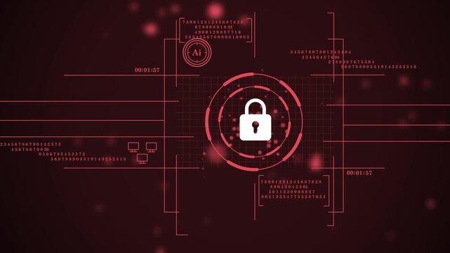 virtual cyber lock for sensitive data safety. internet safety firewall on abstract red hud background. futuristic cyber security interface with digital lock symbol. 