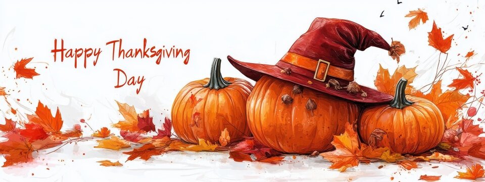 Happy Thanksgiving Day greeting with autumn leaves and pumpkins