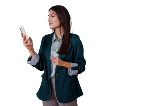 Professional businesswoman holding remote control, managing smart home or office technology, making adjustments, transparent background - Powered by Adobe