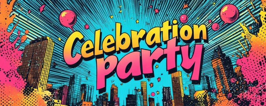 Vibrant comic book-style celebration party invitation with cityscape