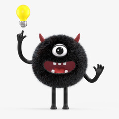 Fluffy, cute monster with a lightbulb, symbolizing ideas and innovation. 3D rendering, conceptual image. Isolated on white background.