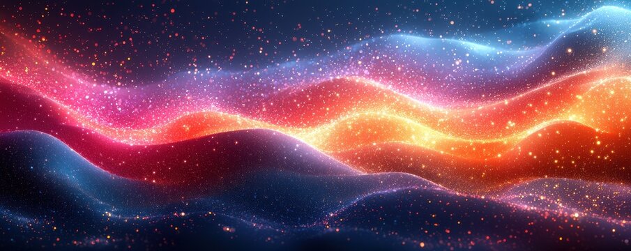 Vibrant abstract background with colorful glowing waves and light particles