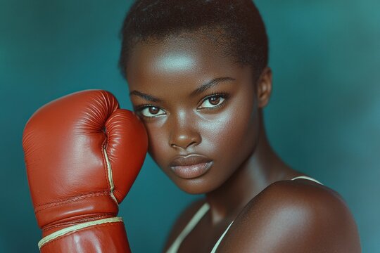 Focused female boxer with short hair posing in boxing gloves