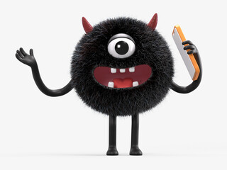 Fluffy, cute monster with a phone, symbolizes tech-savvy assistance. 3D rendering, conceptual image. Isolated on white background.