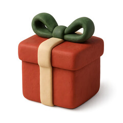 A red gift box with a cream ribbon and green bow, suitable for celebrations and festive occasions.