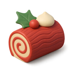 Decorative yule log pastry with holly and berries, ideal for festive holiday dessert displays and seasonal promotions.