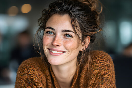 Young woman smiling at camera, having engaging conversation during online video conference, expressing happiness and optimism in modern corporate environment