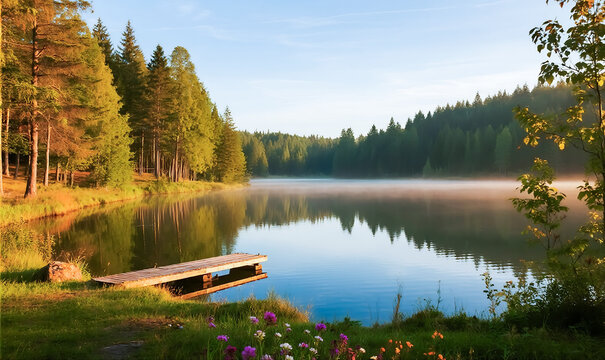 Serene lake with wooden pier and misty morning light water dock
