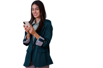 Businesswoman smiling and texting on mobile phone, engaging with social media or business communication, transparent background