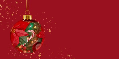 red christmas ball Christmas and New Year web banner with abstract red background for seasonal celebration backdrop. Hand drawn illustration.