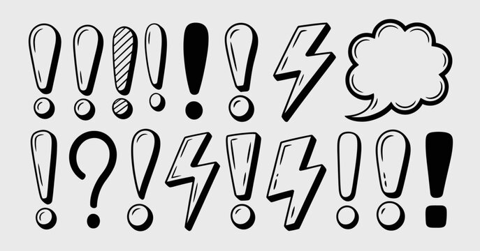 This image features a collection of dynamic symbols including exclamations, question marks, and lightning, providing an energetic feel and evocative communication of ideas.