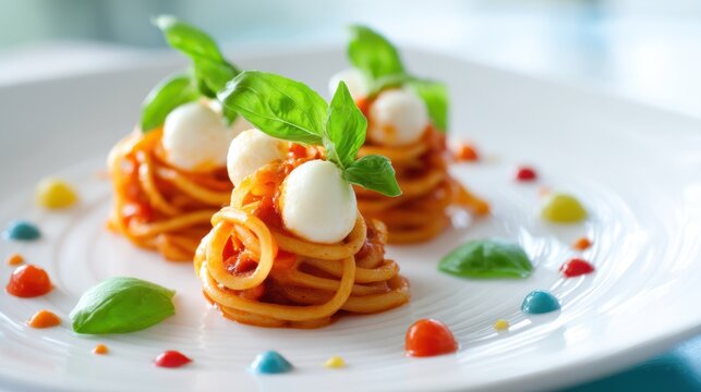 Mini pasta nests with tomato sauce, mozzarella and basil on white plate