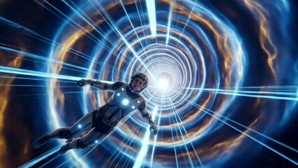 Astronaut navigating through a vibrant wormhole, surrounded by swirling cosmic energy and light - Powered by Adobe