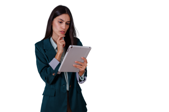 Businesswoman thinking while checking digital tablet, analyzing information and making decisions, transparent background