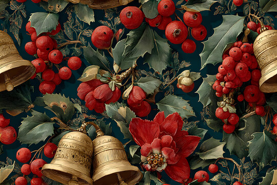 Festive bells holly pattern illustration background - Powered by Adobe
