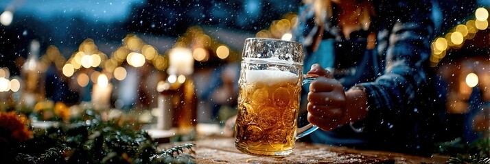 Golden beer poured into a mug against the backdrop of falling snow. The atmosphere of a cozy winter pub or Christmas celebration