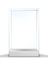 Realistic 3D glass box on teal background. Minimalist mockup with transparent background for product, branding display. Elegant reflections and soft lighting for modern, premium presentations