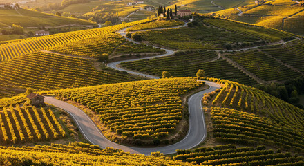 Fototapeta premium Road Through Tuscany-Style Vineyard Hills Aerial Photography