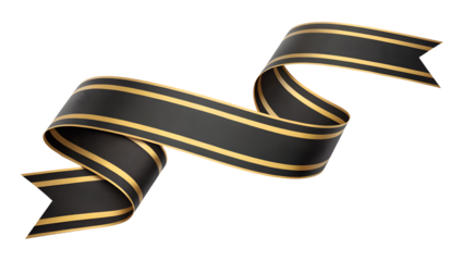 black and gold ribbon banner isolated on white or transparent png
