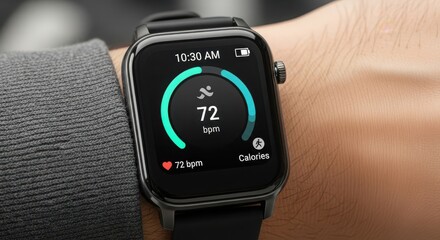Closeup of a smartwatch displaying health data on a wrist, showcasing fitness tracking and modern wearable technology in detail