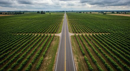 Fototapeta premium Road Through Tuscany-Style Vineyard Hills Aerial Photography
