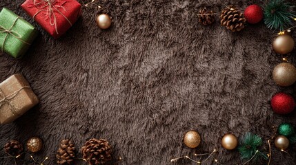 A festive arrangement of Christmas gifts, ornaments, and pinecones on a soft, textured brown background.