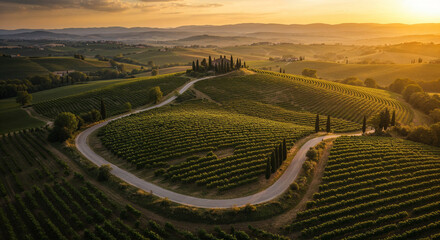 Naklejka premium Road Through Tuscany-Style Vineyard Hills Aerial Photography