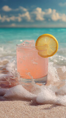 Glass of pink lemonade with lemon slice on sandy beach as ocean waves splash around under bright daylight.
