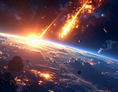 Cosmic view of a celestial fiery event near Earth as meteorites blaze across the sky