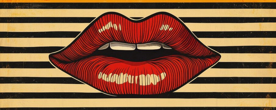Surreal op art illustration with vibrant red lips and wave pattern