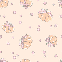 Pastel Pumpkin Seamless Pattern with Bows and Ditsy Flowers. Cute Retro Autumn Nursery Design. Coquette Tiny Calico Fall Pumpkin background