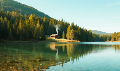 Wooden cabin on alpine lake shore with pine forest and clear sky reflection wooden house