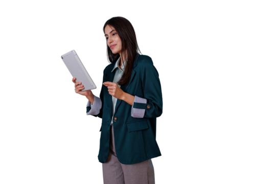 Professional businesswoman smiling and interacting with a digital tablet, demonstrating modern communication and technology