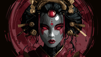 Evil Geisha Robot Face Vector Illustration, Horror Asian Concept