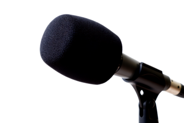 Closeup of a black microphone with a foam windscreen isolated on transparent background