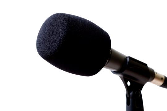 Closeup of a black microphone with a foam windscreen isolated on transparent background - Powered by Adobe