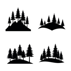 Four distinct forest tree silhouettes with varying terrains