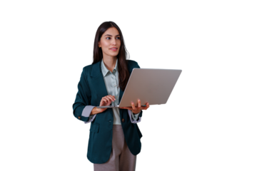 Professional woman holding an open laptop, looking away while using the keyboard, confident and focused. Transparent background