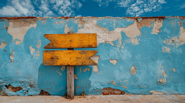 Weathered yellow wooden arrow signs against peeling blue wall under bright sky creating rustic travel-inspired scene.
