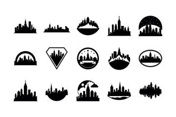 Set of urban city skyline silhouettes, abstract metropolis logos