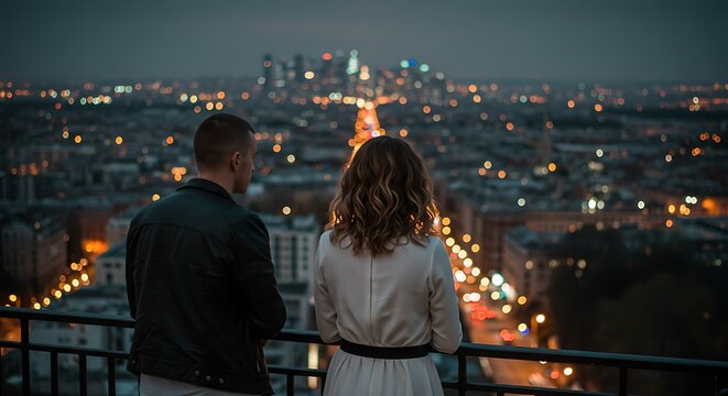 Couple admiring cityscape lights from a balcony at dusk - Powered by Adobe