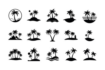 Tropical palm tree island black silhouette icons vector set