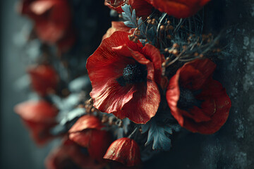 Obraz premium Remembrance Day Poppy Wreath Mounted on Wall. World War remembrance day.