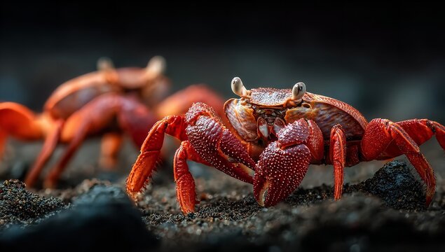 Intriguing red devil crabs exploring dark sandy terrain, a captivating glimpse into underwater life for nature enthusiasts and educational resources